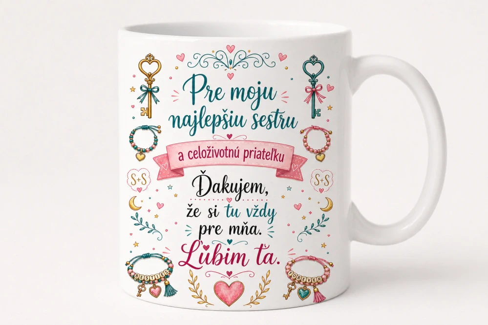 Hrnček pre sestru – Pre moju najlepšiu sestru a celoživotnú priateľku (s krabičkou)