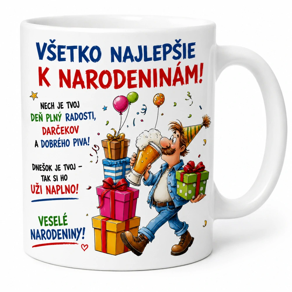 Vtipný hrnček k narodeninám – milovník piva a darčekov (s krabičkou)