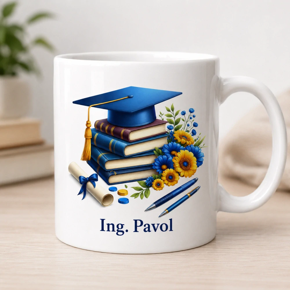 Personalizovaný promočný hrnček v modrom štýle (s krabičkou)