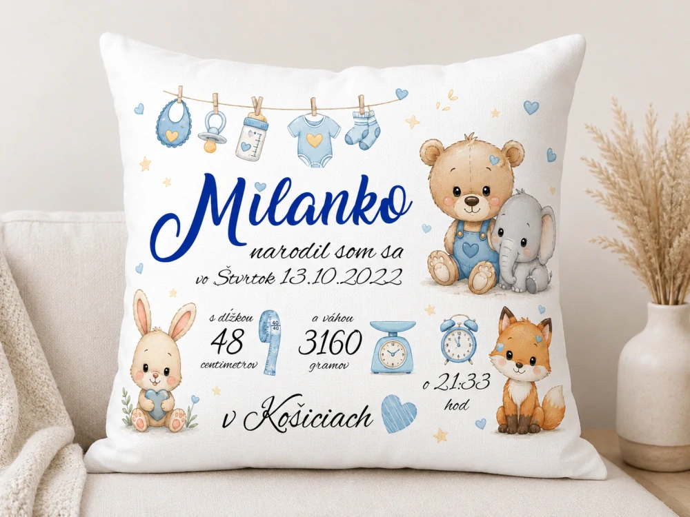 Personalizovaný vankúš s údajmi o narodení dieťatka chlapček