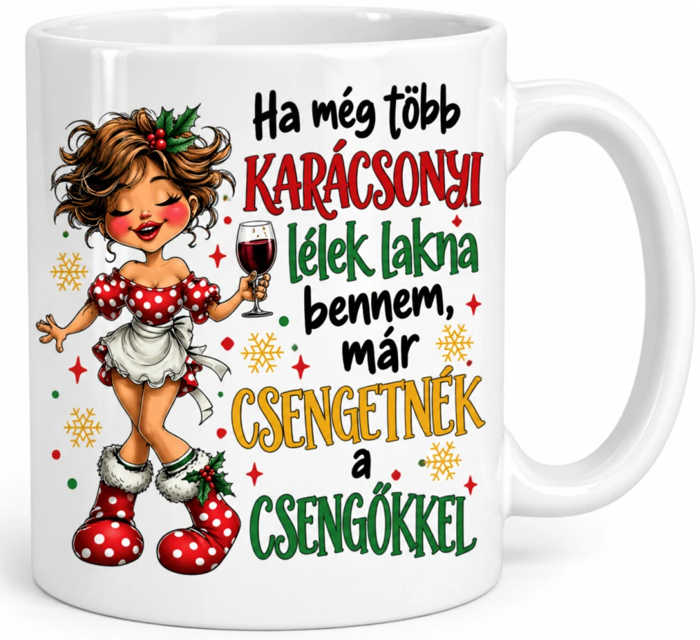 Vtipný vianočný hrnček pre ženu – Karácsonyi hangulat 🎄🍷 (s krabičkou)