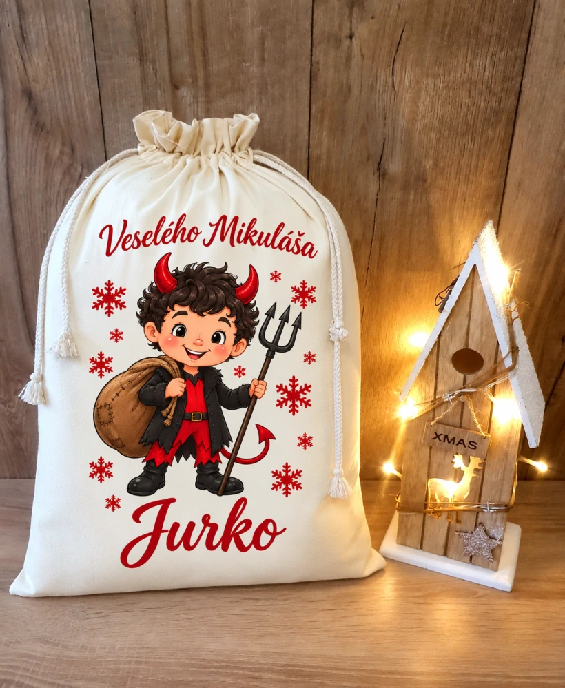 Mikulášske bavlnené vrecko s menom – Čert 🎅😈