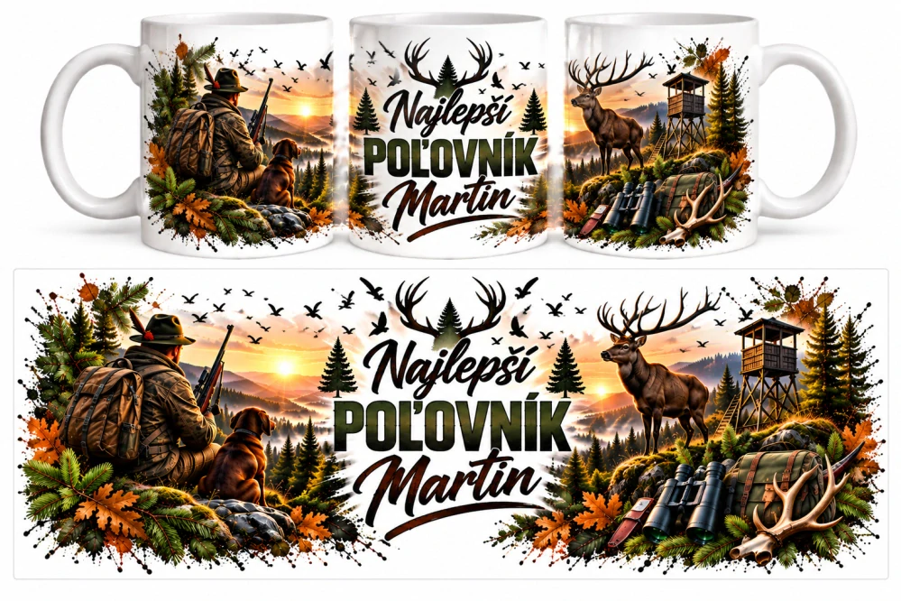 🦌 Hrnček pre poľovníka s vlastným menom – Najlepší poľovník (s krabičkou)