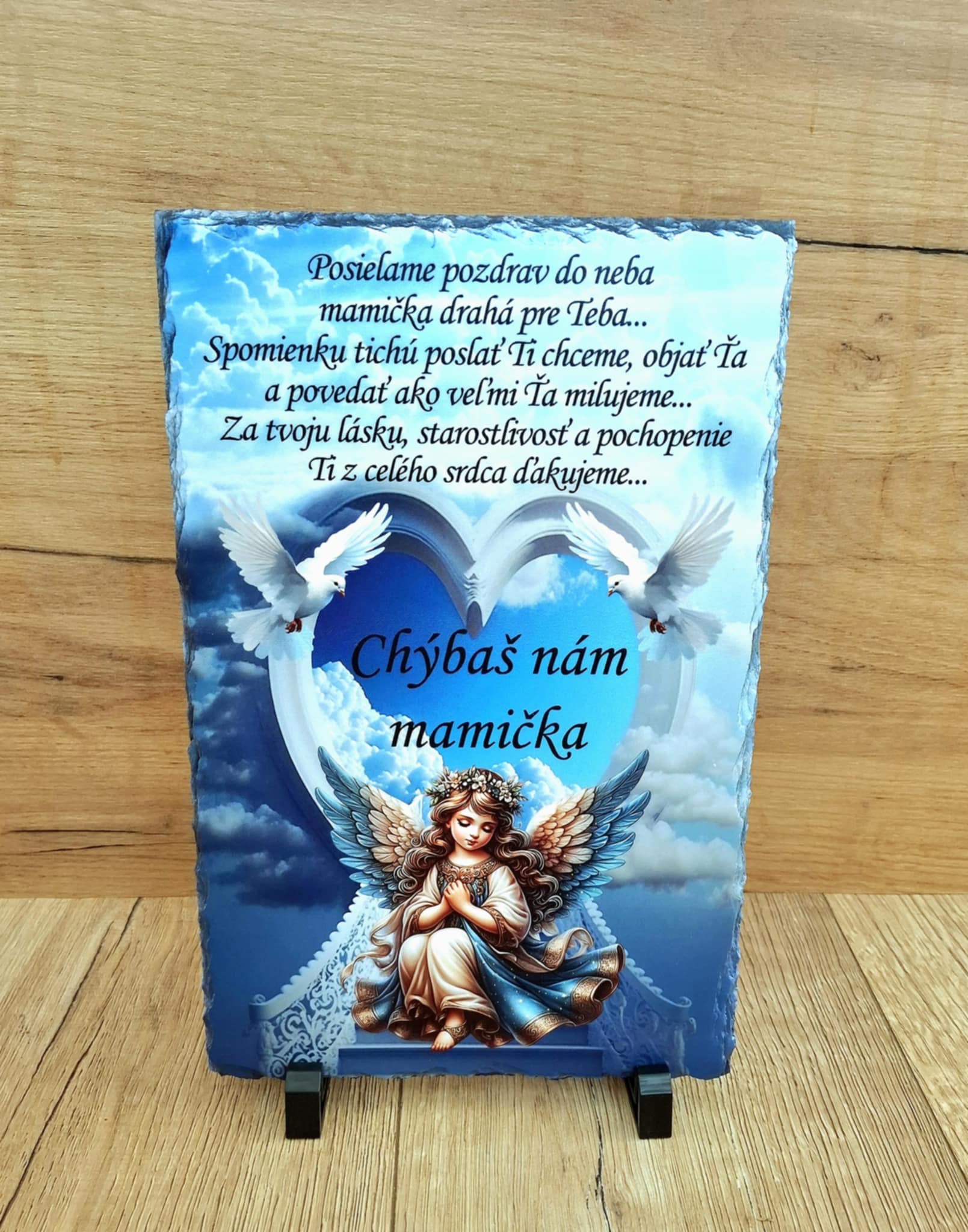 Dekoračný prírodný kameň na hrob Posielame pozdrav do neba ... 