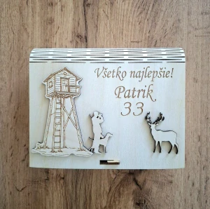 Drevená krabička na darovanie peňazí pre poľovníka