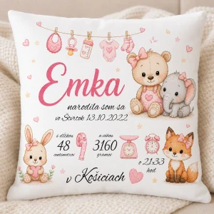 Personalizovaný vankúš s údajmi o narodení dieťatka dievčatko