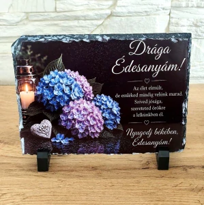 Drága Édesanyám – spomienková kamenná tabuľka pre mamu s hortenziamiienku.
