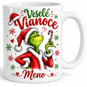 Personalizovaný vianočný hrnček Grinch – Veselé Vianoce 🎄💚 (s krabičkou)