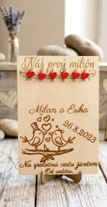 Svadobná tabuľa - Náš prvý milión vtáčiky(gravírovaná)