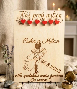 Svadobná tabuľa - Náš prvý milión mladomanželia (gravírovaná)