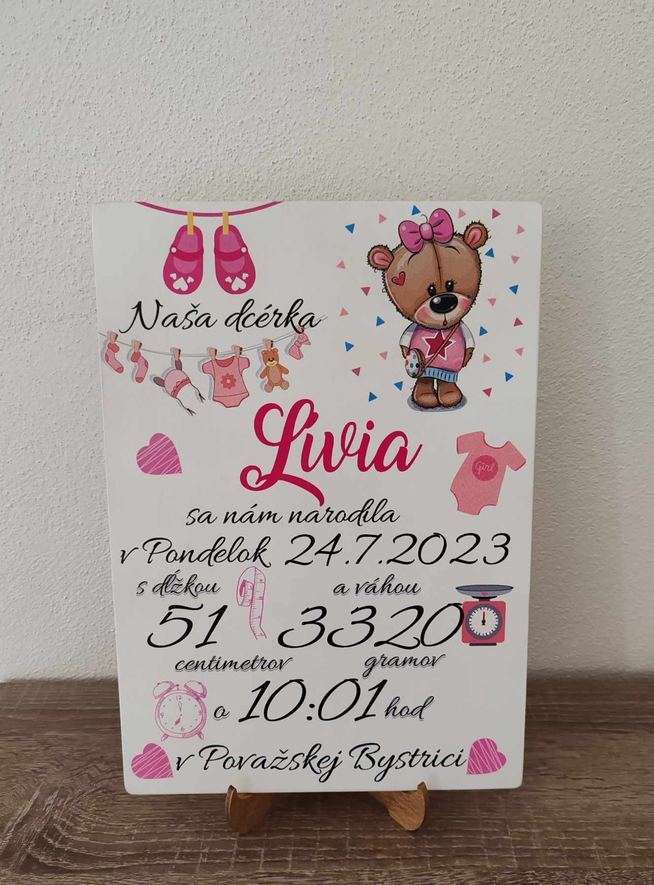 Pamätná tabuľka pre novorodenca vzor Macík 3 (dievča)