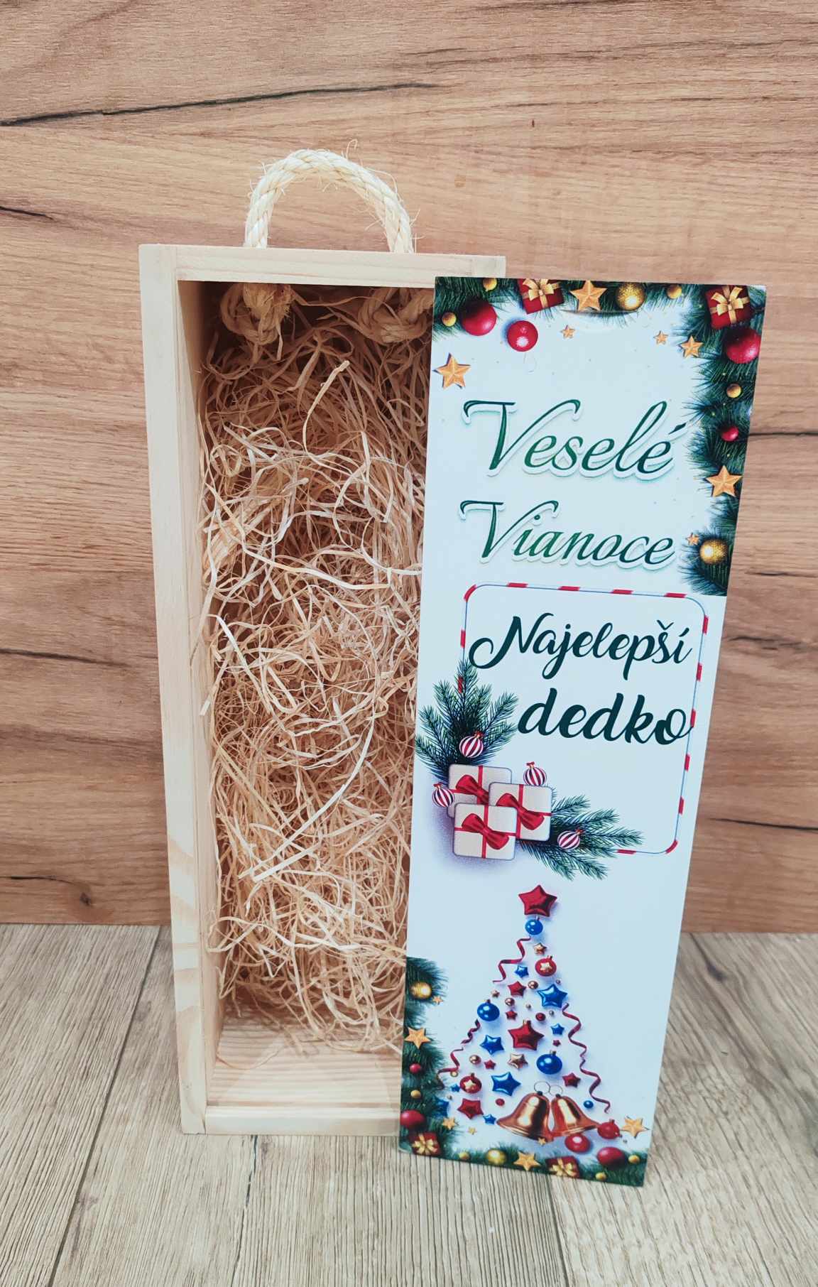 Drevená krabica na fľašu- Veselé Vianoce - Najlepší dedko