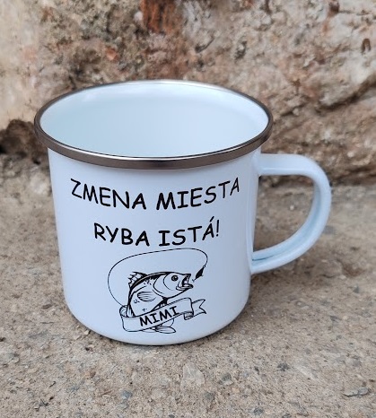Plechový hrnček biely - Zmena miesta ryba istá