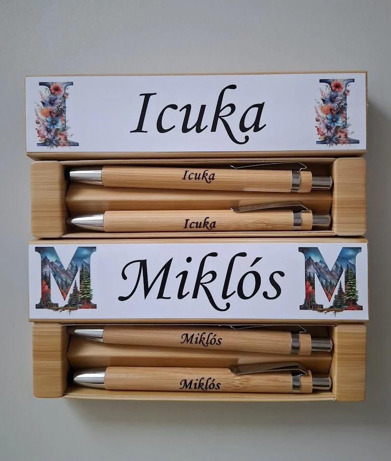 Sada Bambusové pero s menom (Modrá farba)