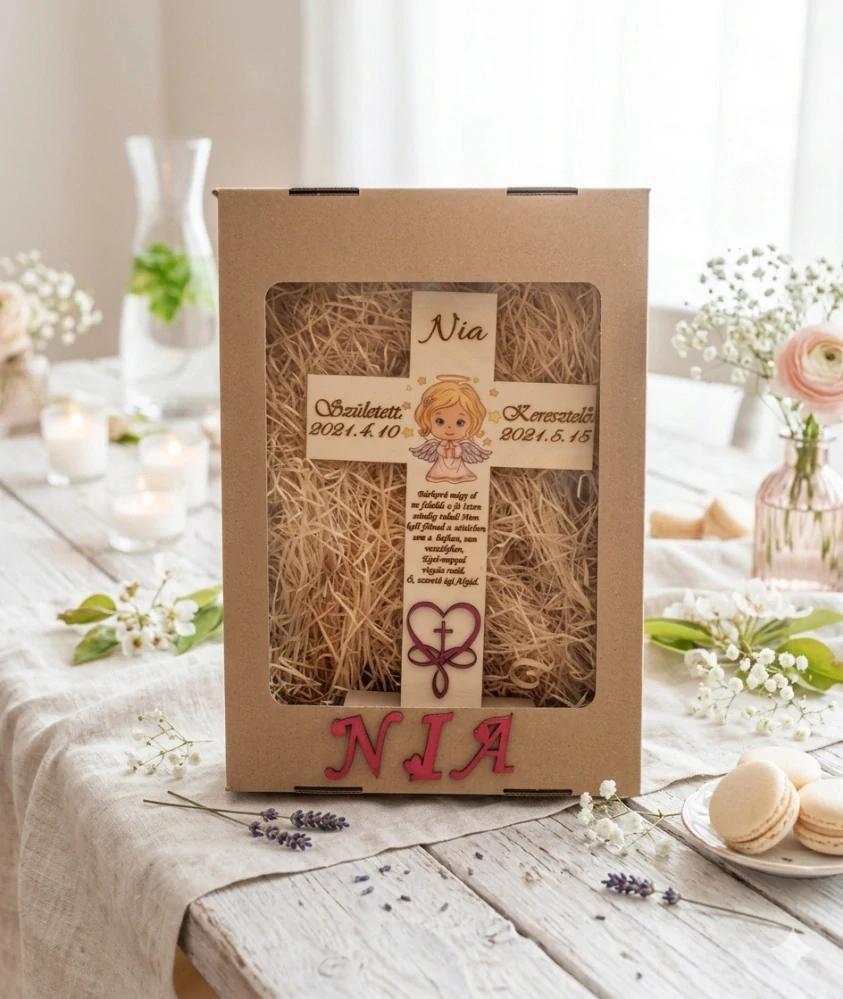 Drevený kríž na krstiny v darčekovom balení maďarská verzia