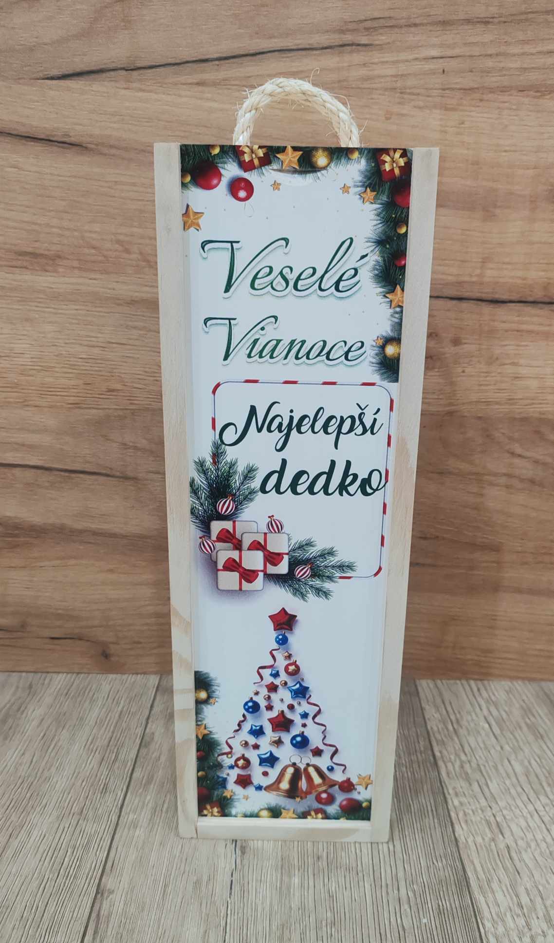 Drevená krabica na  fľašu- Veselé Vianoce - Najlepší dedko